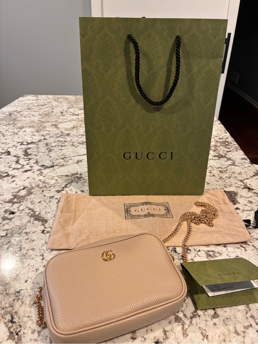 Gucci Beige Pebbled Leather Camera Bag with Gold Chain. Brand New!